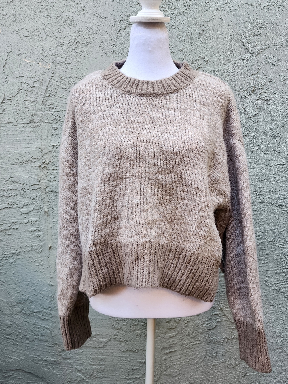 Elodie Marled Taupe Cropped Knit Sweater Ribbed Crewneck Size [M]